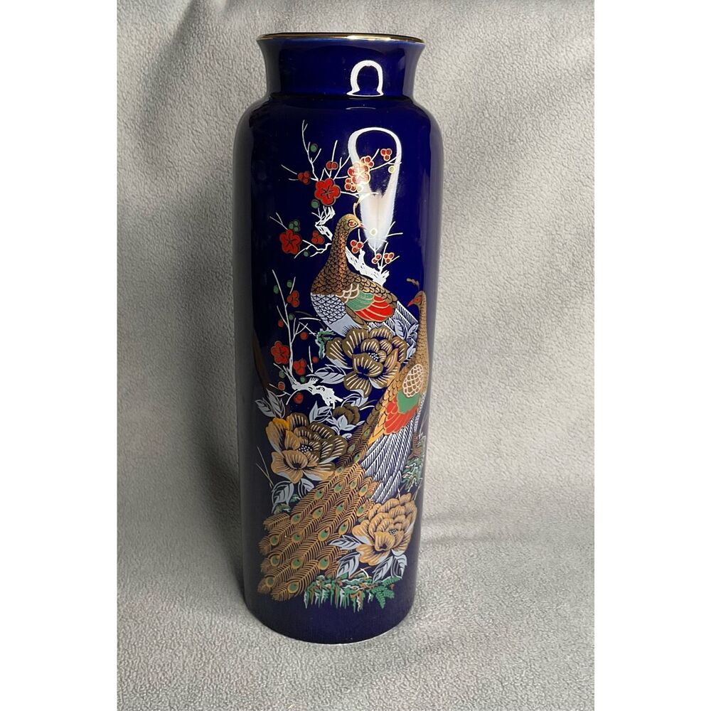 Vintage Interpur Cobalt Blue Peacock Oriental Vase 22KGoldTrim 10.5" Tall‎ Japan